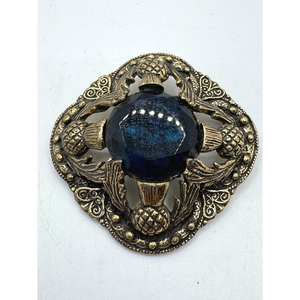 Miracle Creation Scottish Thistle Brooch Gold Tone Blue Faceted Glass Celtic Pin